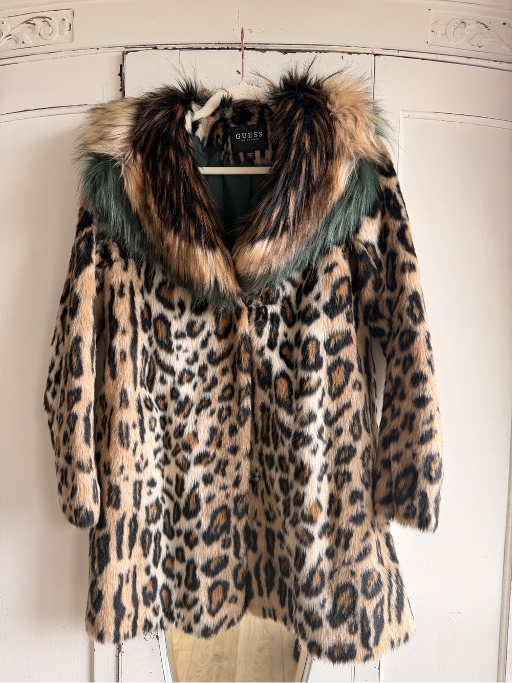 GUESS Leopard Print Faux Fur Teddy Coat with Green Trim